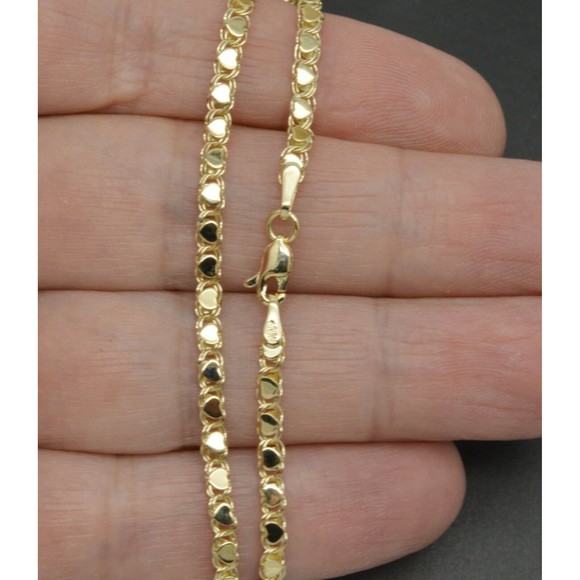 14k Yellow Solid Gold Mirrored Heart Link Chain Charm Ankle Bracelet 10 - Picture 2 of 4